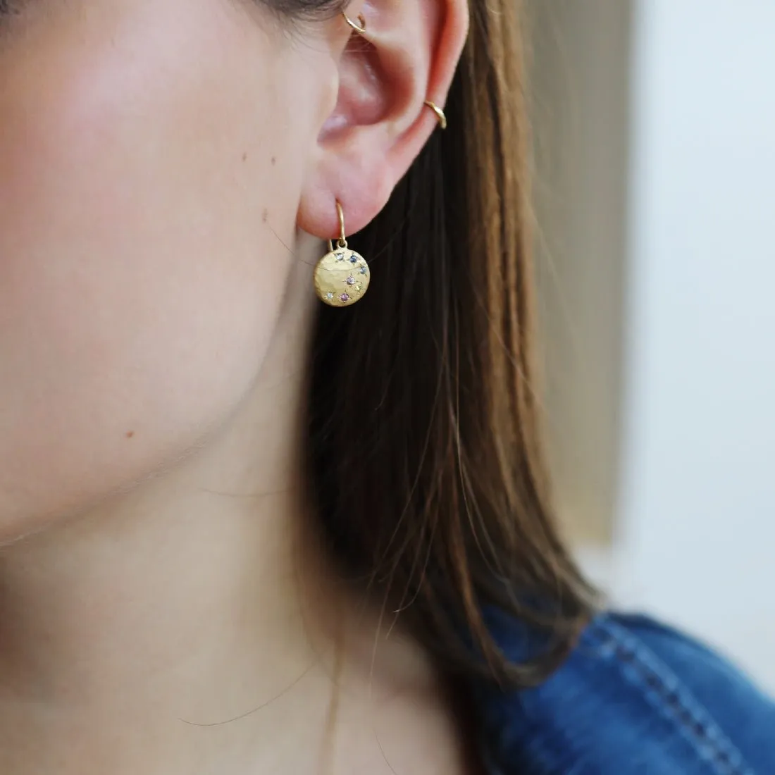 18K Gold Disc "Sprinkle" Earrings with Star-Set Diamonds & Multicolor Sapphires