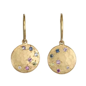 18K Gold Disc "Sprinkle" Earrings with Star-Set Diamonds & Multicolor Sapphires