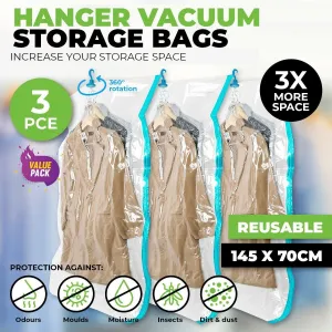 3x Hanging Vacuum Space Saver Bags Storage Wardrobe Hanger Dust Cover * 145CM