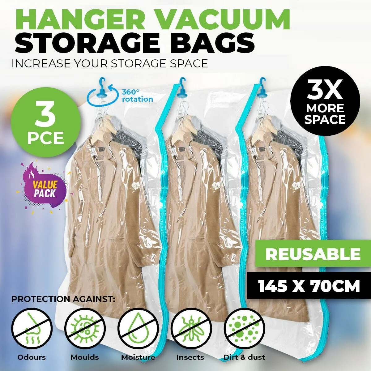 3x Hanging Vacuum Space Saver Bags Storage Wardrobe Hanger Dust Cover * 145CM