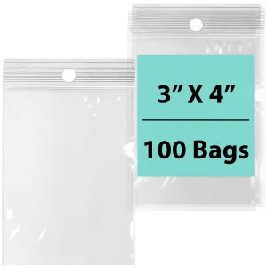 3X4 inches Reclosable Poly Bags with Hang Hole 2 Mil (LDPE) Single Track Zipper