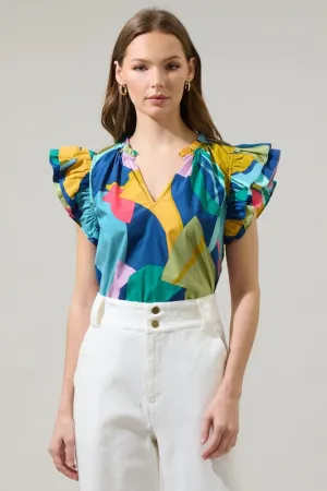 Abstract navy-yellow multicolor top