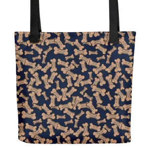 Allover Brown Dog Bones Tote Bag-Navy