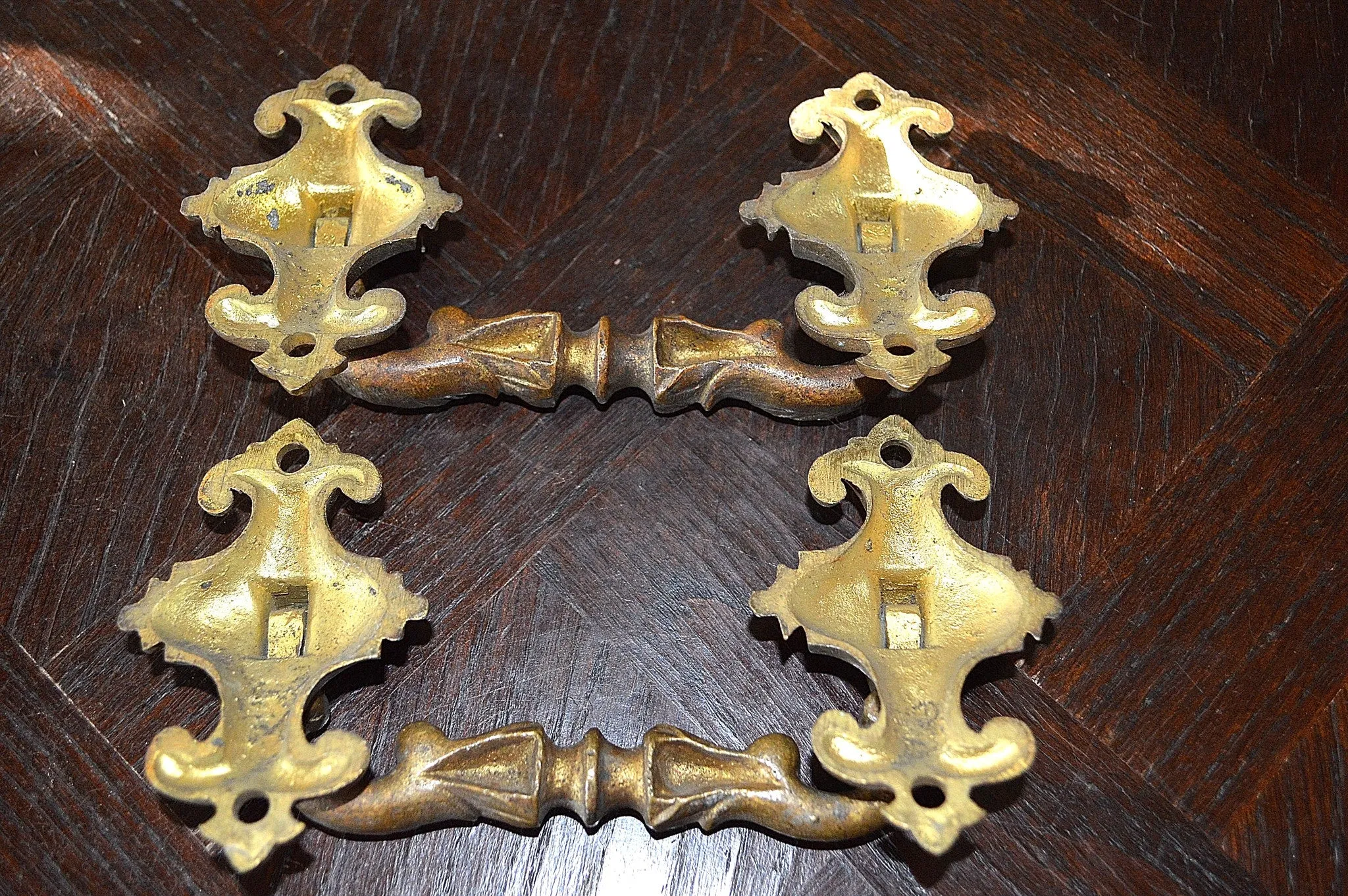 Antique Pair French Bronze Ormolu Drawer Pulls Large Furniture Handles