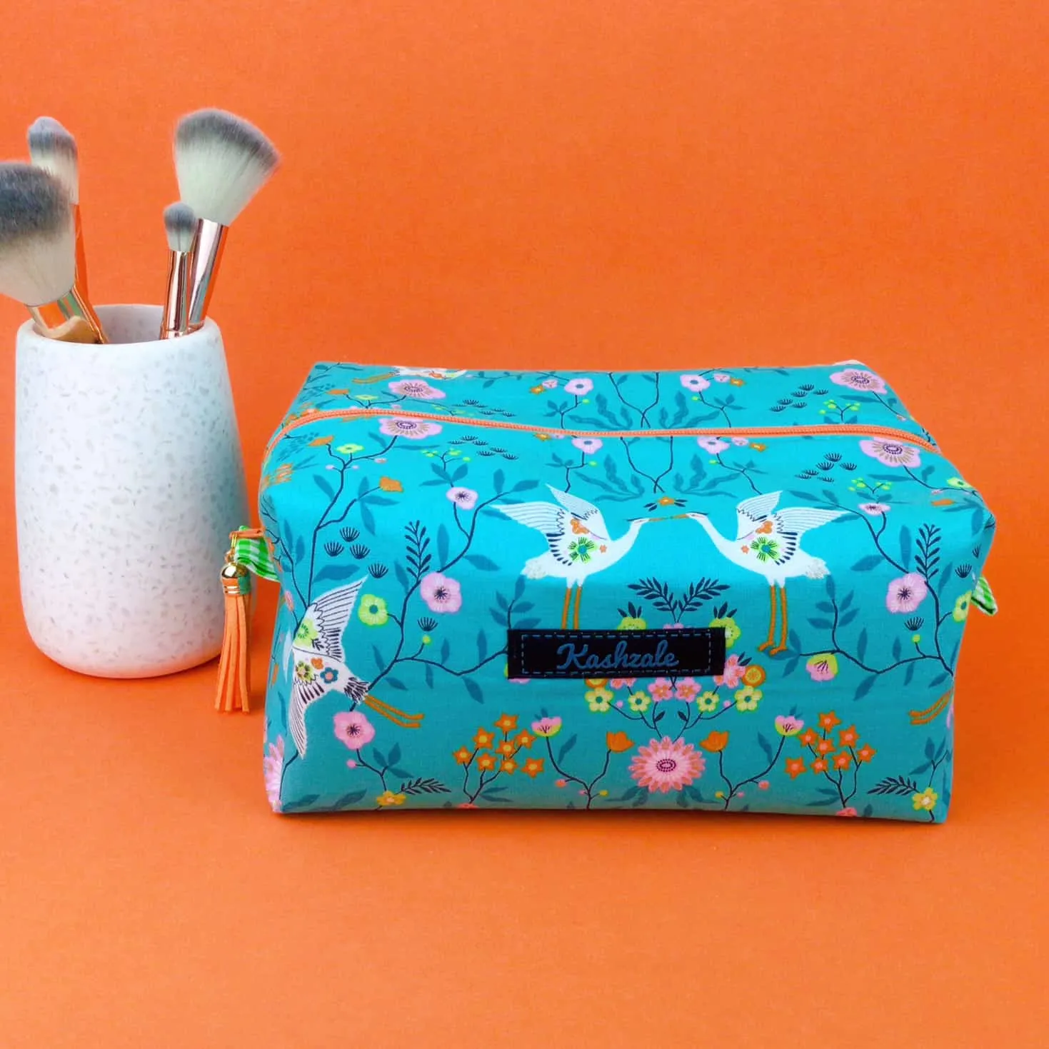 Aqua Cranes Large Box Cosmetic Bag. Aqua Makeup Bag
