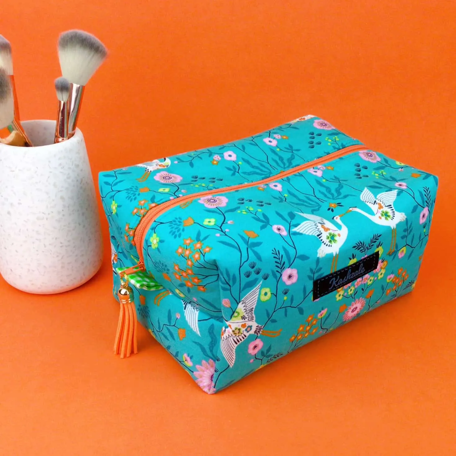 Aqua Cranes Large Box Cosmetic Bag. Aqua Makeup Bag