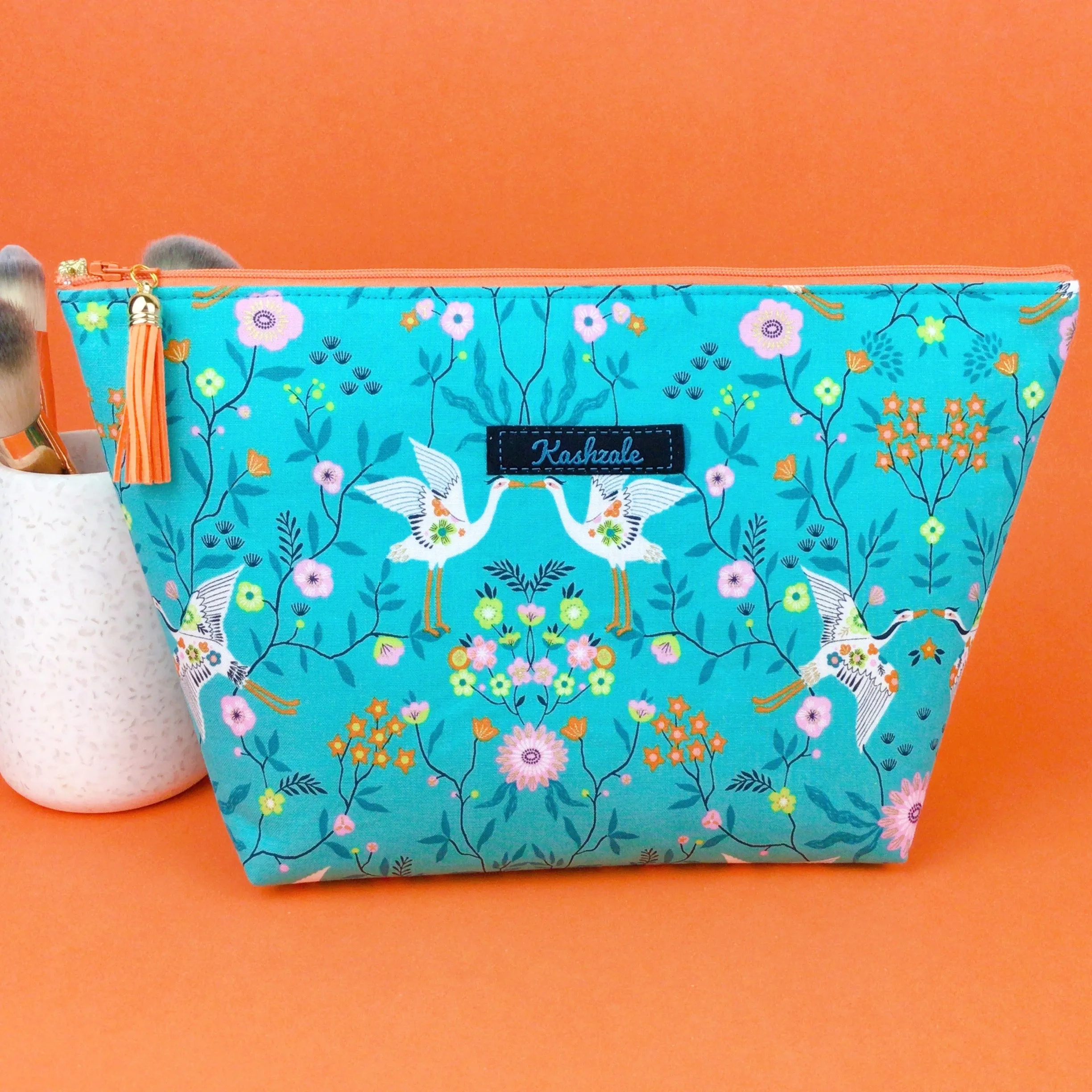 Aqua Cranes Large Makeup Bag. Aqua Makeup Bag