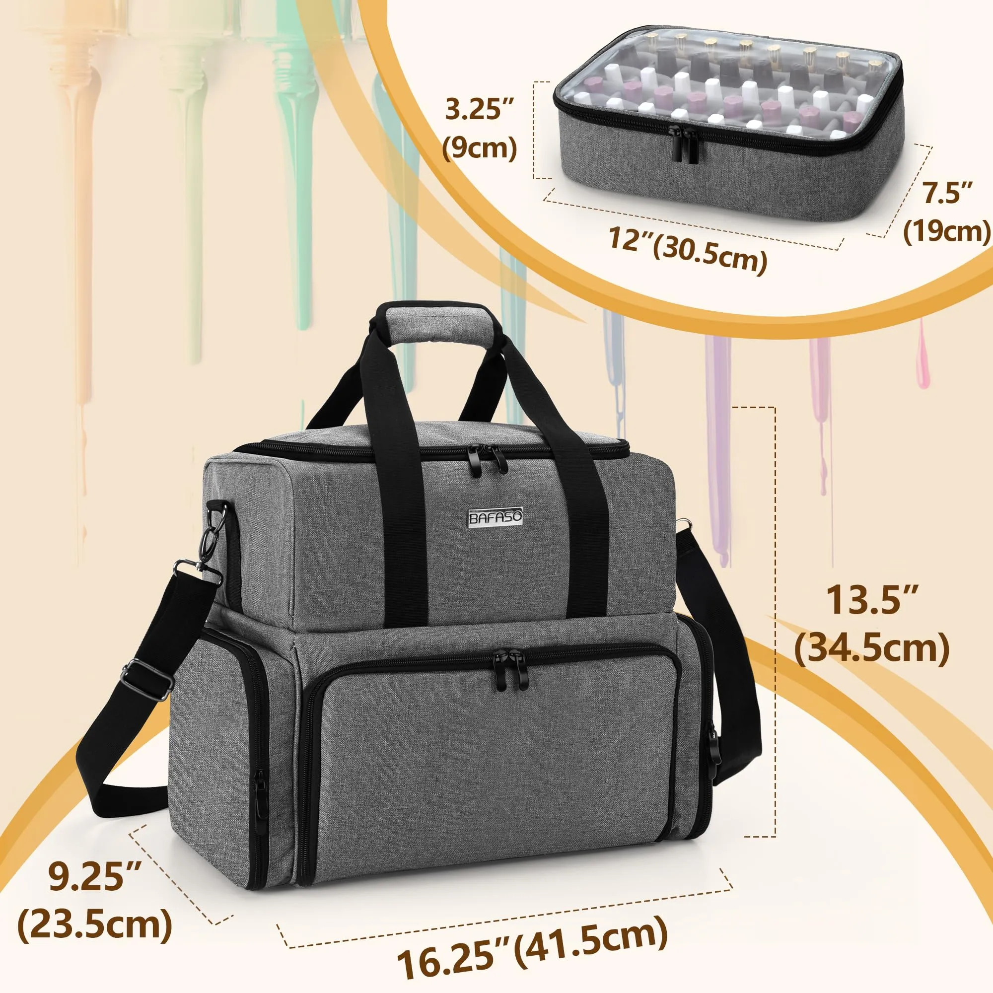 BAFASO Nail Polish Organizer Holds 80 Bottles (15ml - 0.5 fl.oz) and a UV Nail Lamp, Nail Polish Case with 2 Removable Pouches and Manicure Tools Storage Sections (Patented), Gray