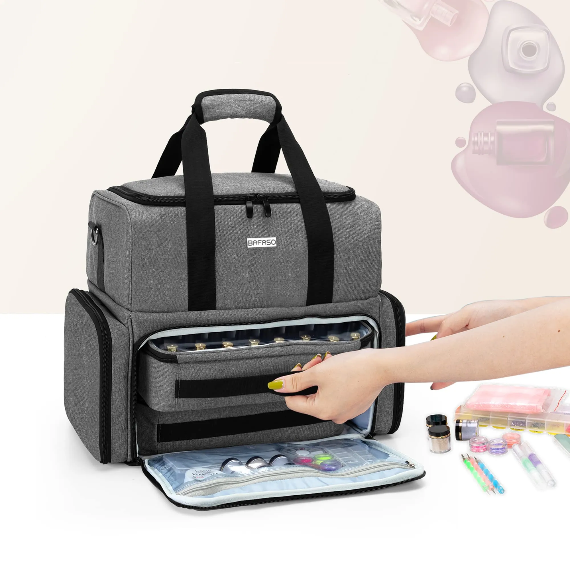 BAFASO Nail Polish Organizer Holds 80 Bottles (15ml - 0.5 fl.oz) and a UV Nail Lamp, Nail Polish Case with 2 Removable Pouches and Manicure Tools Storage Sections (Patented), Gray
