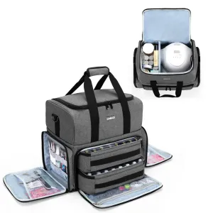 BAFASO Nail Polish Organizer Holds 80 Bottles (15ml - 0.5 fl.oz) and a UV Nail Lamp, Nail Polish Case with 2 Removable Pouches and Manicure Tools Storage Sections (Patented), Gray