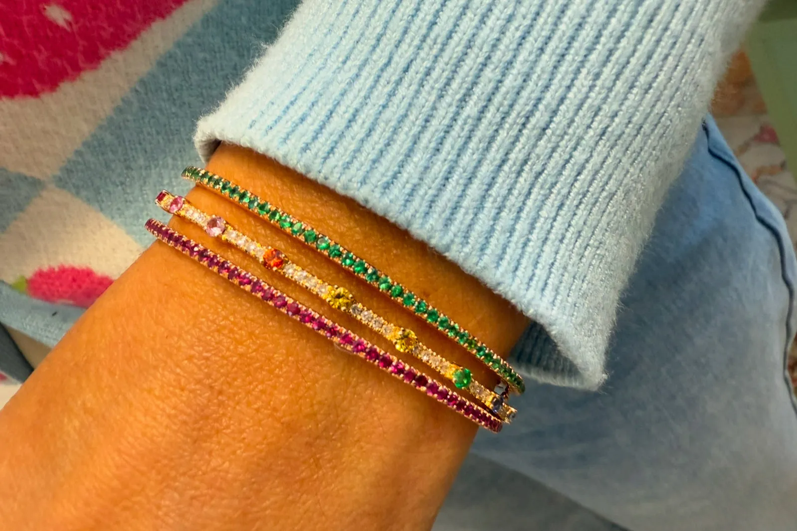 Bangle Bracelet 14k Gold Oval Multicolor Sapphires & Diamonds