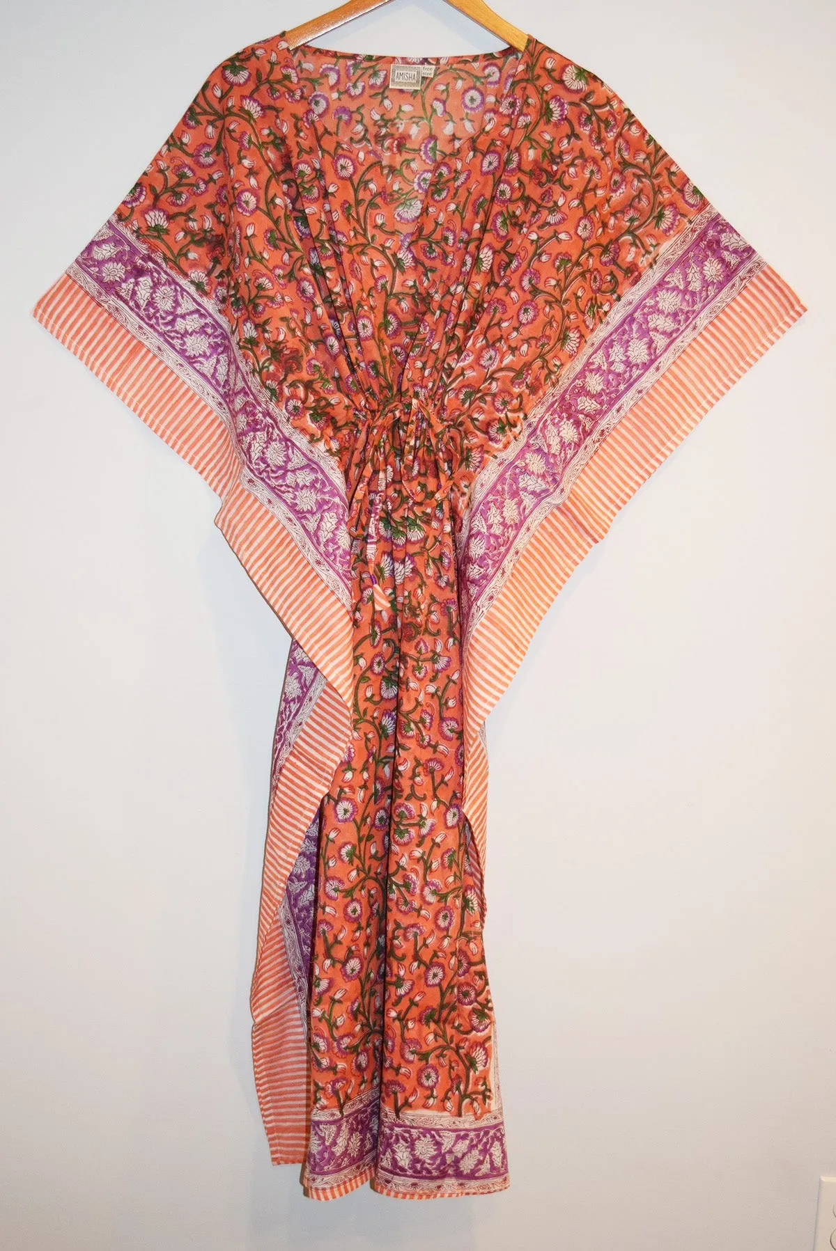 Border Print Long Kaftan | Tangerine