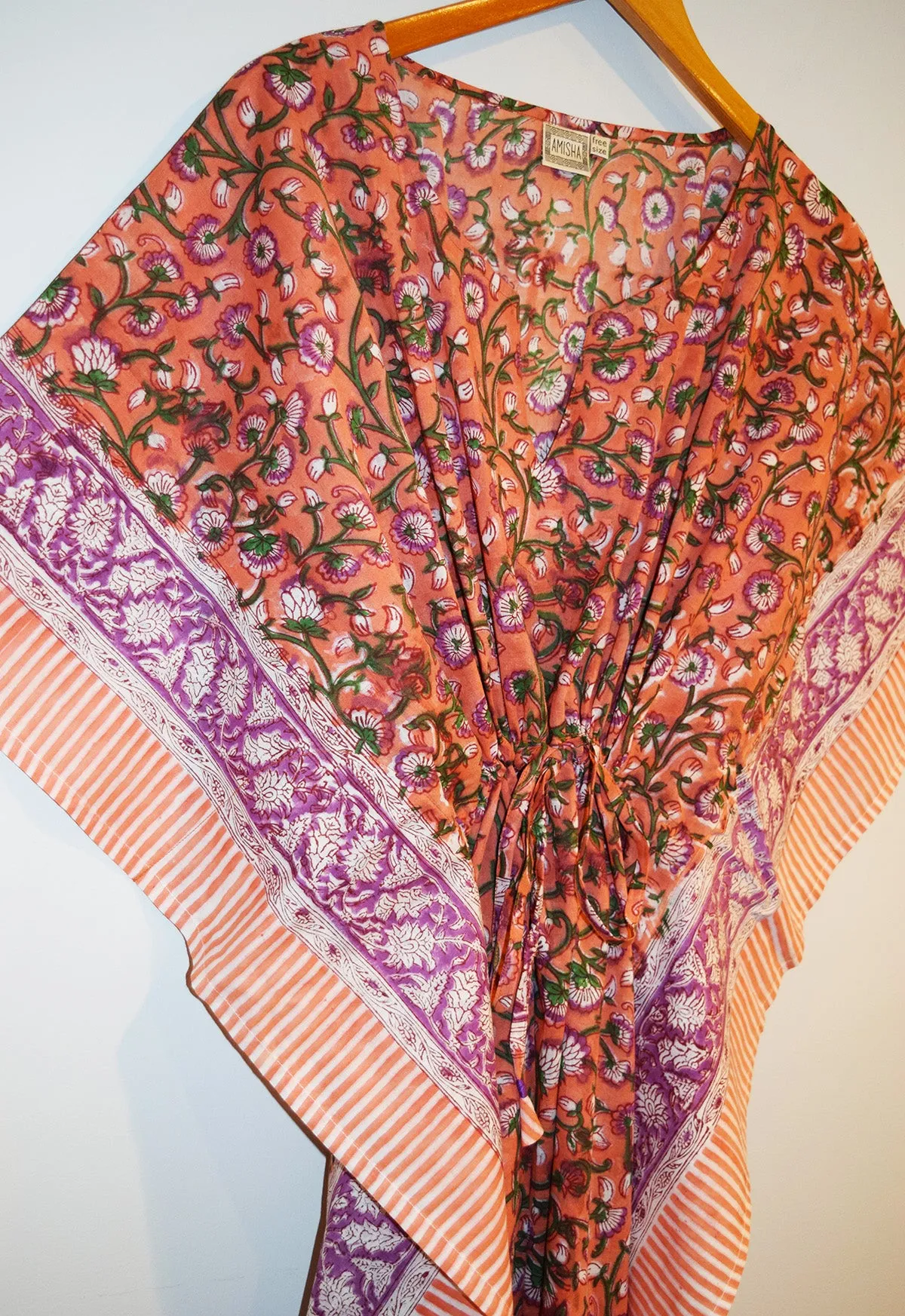 Border Print Long Kaftan | Tangerine