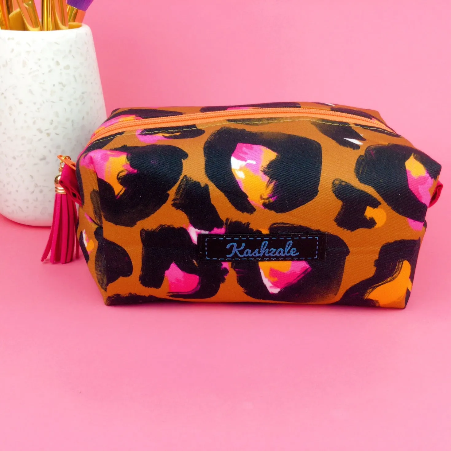 Bronze Leopard Medium Box Makeup Bag. Kasey Rainbow Design.
