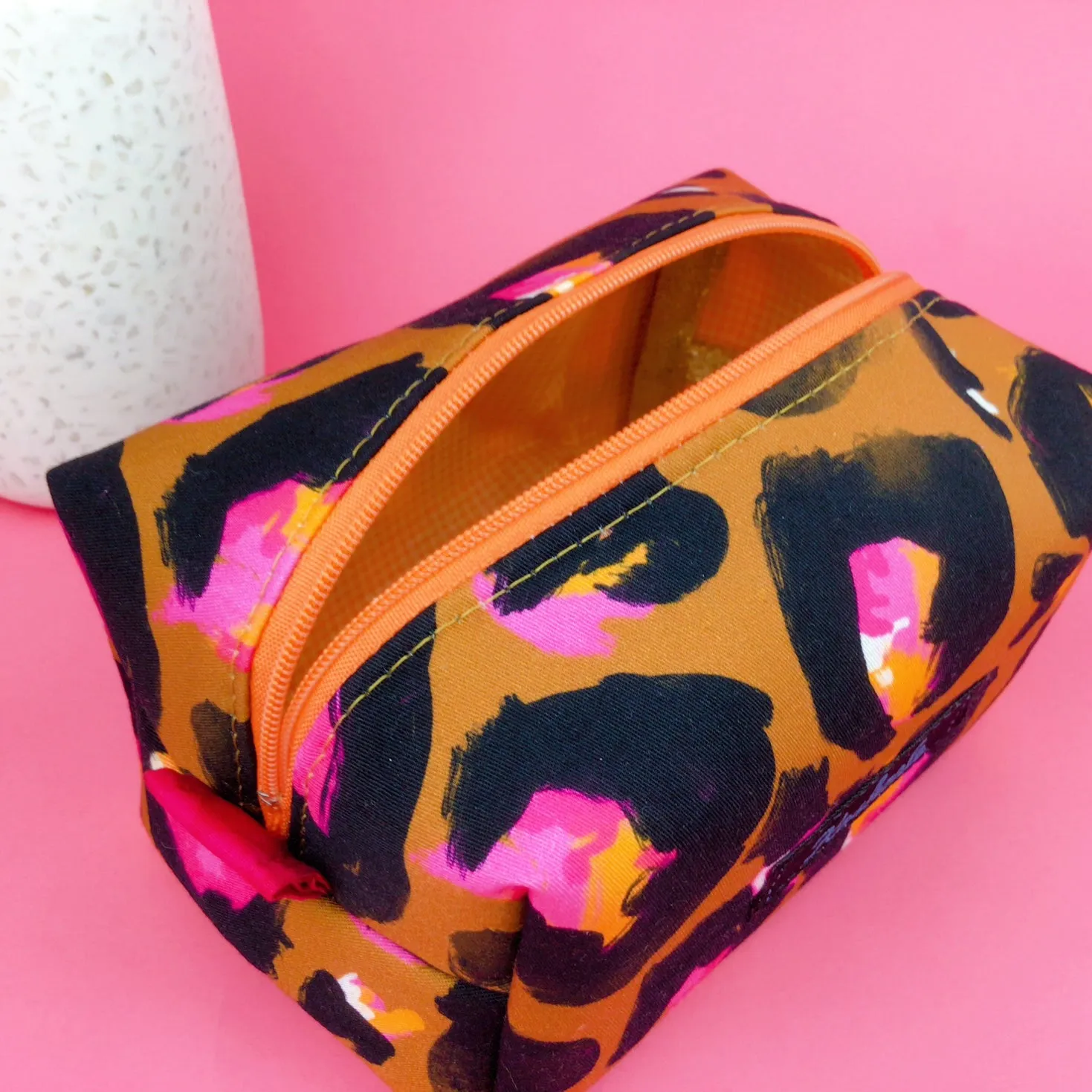 Bronze Leopard Medium Box Makeup Bag. Kasey Rainbow Design.
