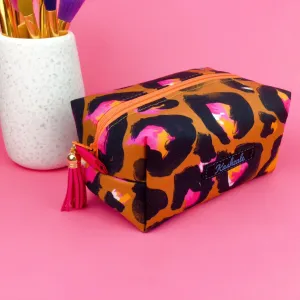 Bronze Leopard Medium Box Makeup Bag. Kasey Rainbow Design.