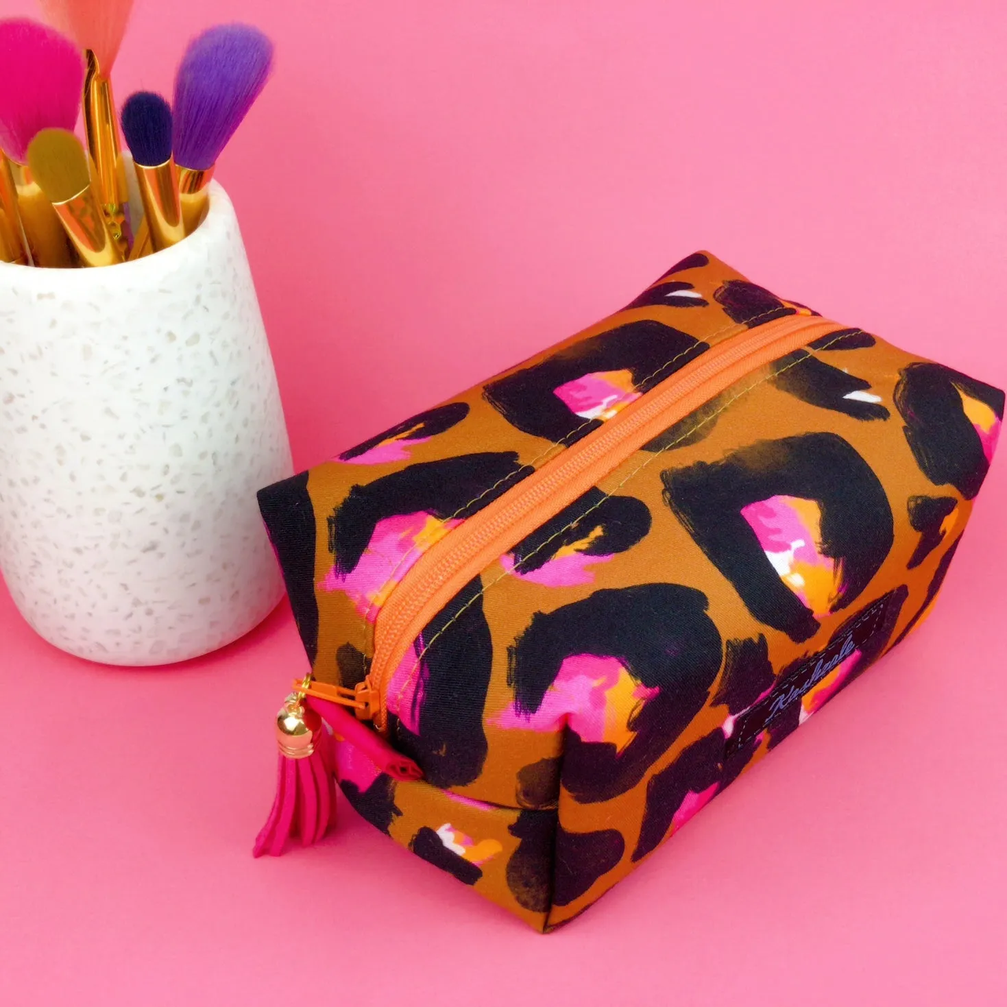 Bronze Leopard Medium Box Makeup Bag. Kasey Rainbow Design.