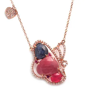 Butterfly Pendant with Multicolor Slice Stones Necklace, 14k Rose Gold