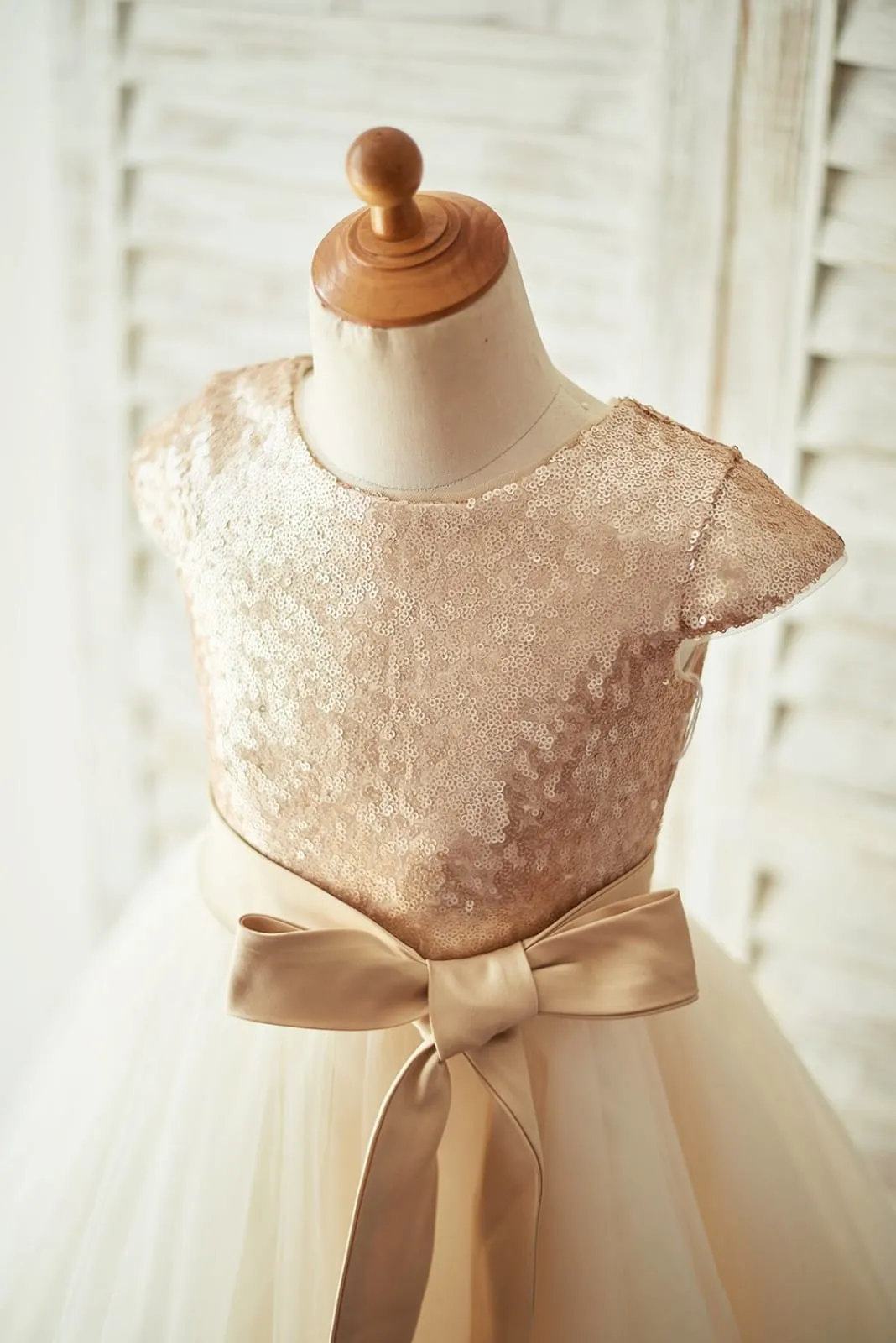 Champagne Sequin Tulle Cap Sleeves Flower Girl Dress