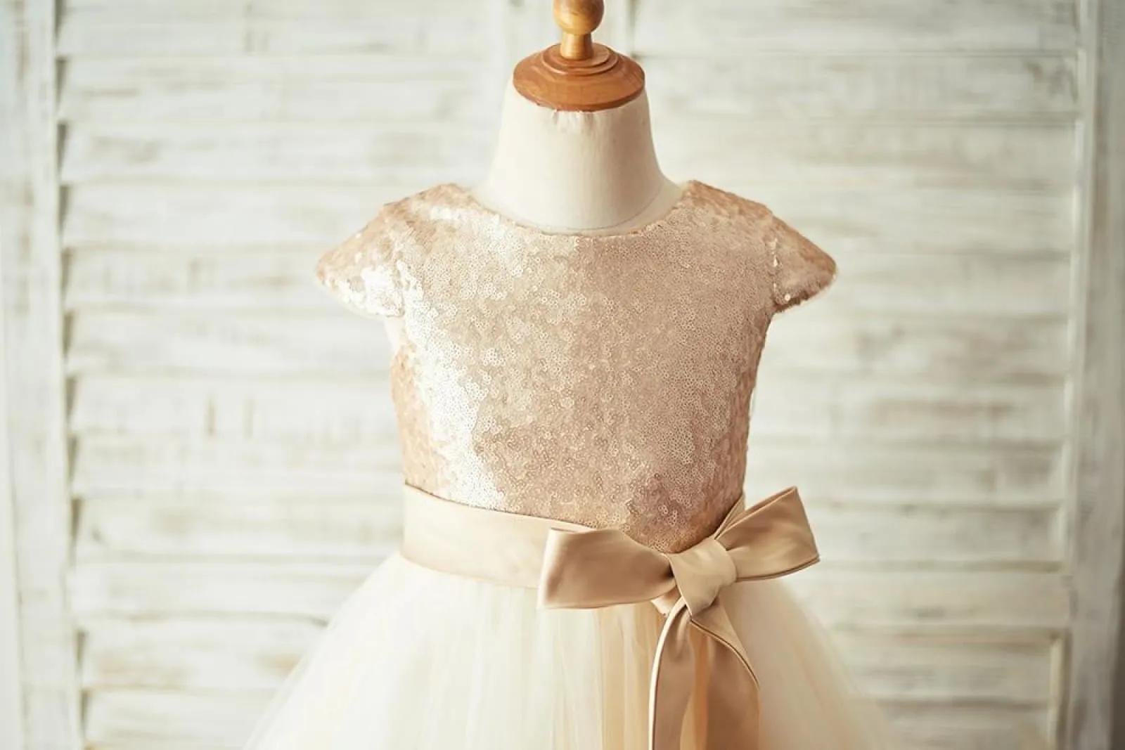 Champagne Sequin Tulle Cap Sleeves Flower Girl Dress