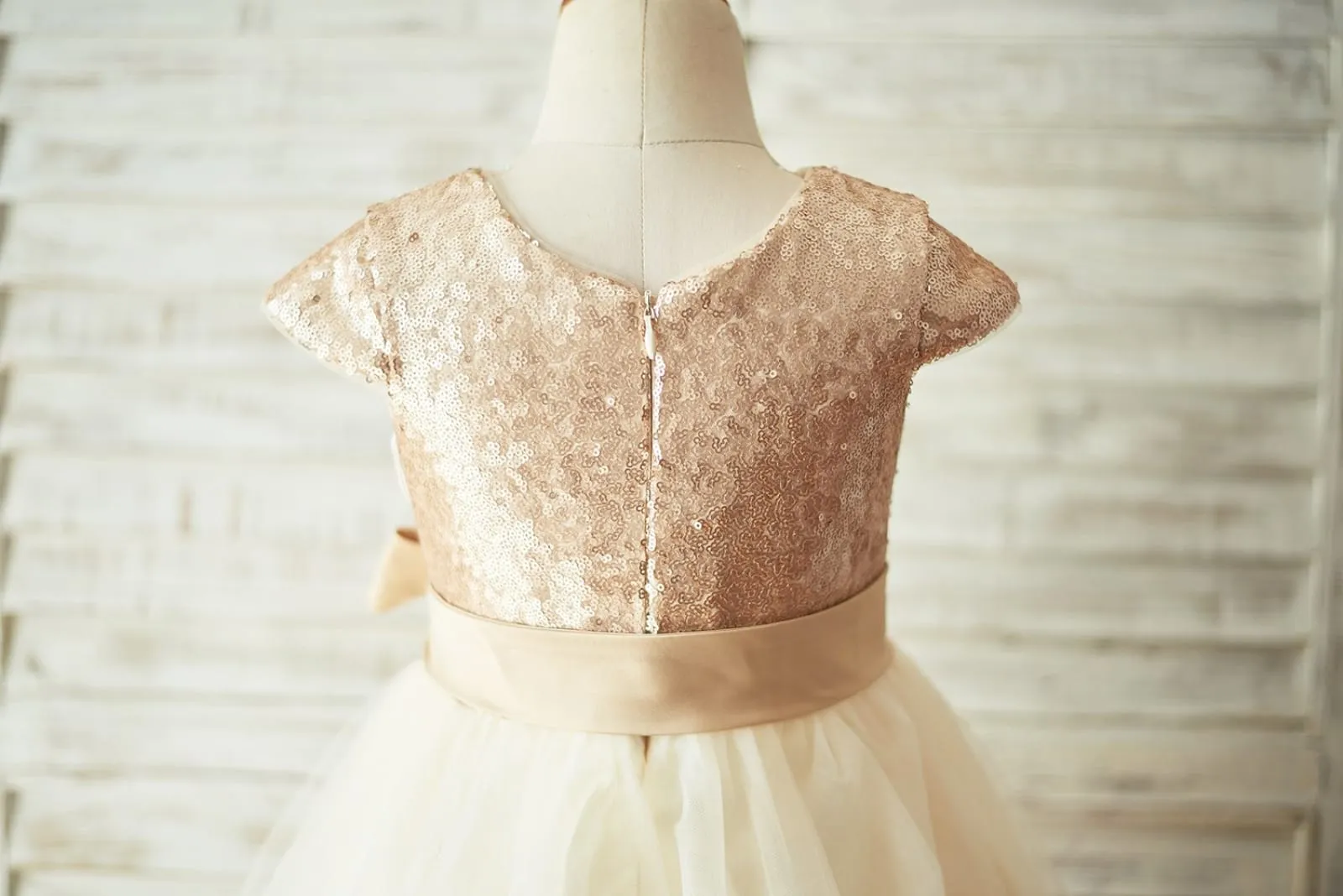 Champagne Sequin Tulle Cap Sleeves Flower Girl Dress