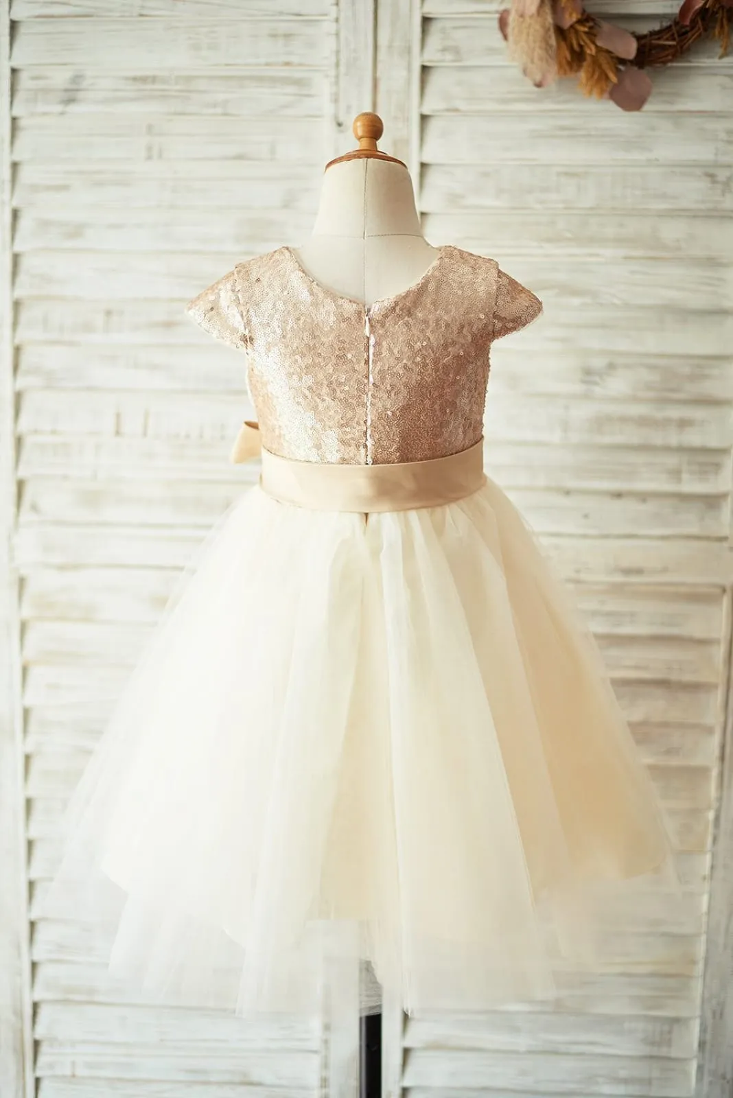 Champagne Sequin Tulle Cap Sleeves Flower Girl Dress