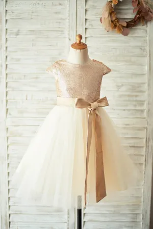 Champagne Sequin Tulle Cap Sleeves Flower Girl Dress