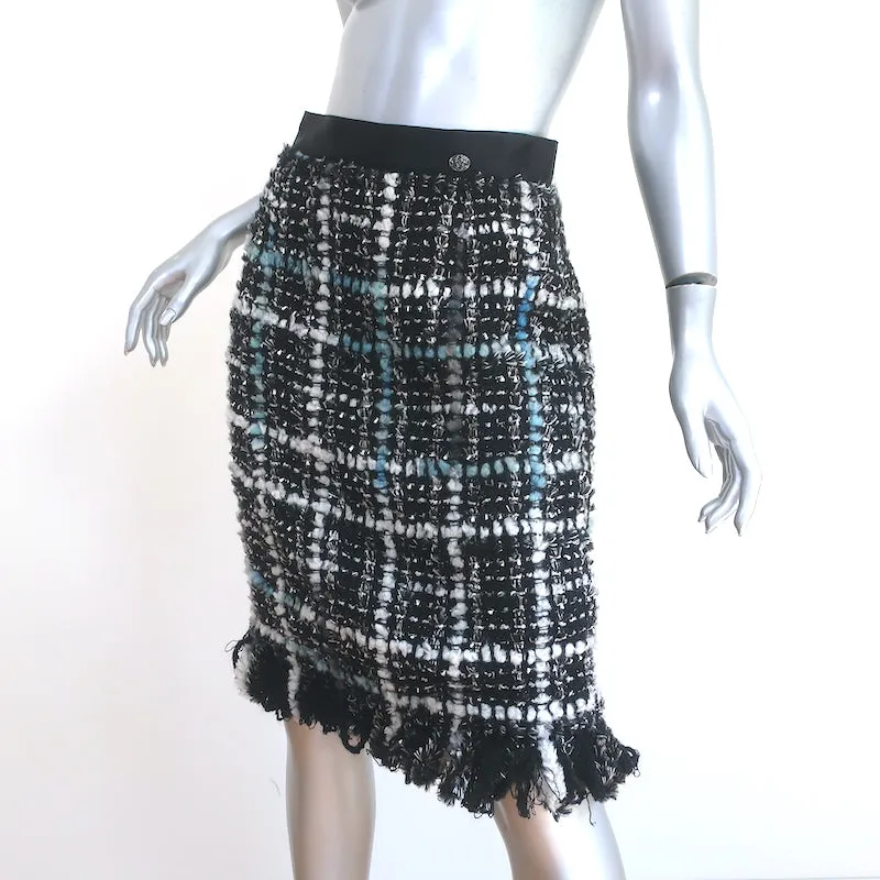 Chanel Frayed Boucle Tweed Skirt Black Checked Wool-Blend Size 40