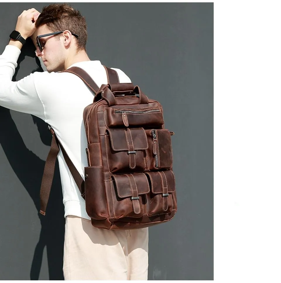 Classic Multi-Pocket Crazy Horse Leather Backpack for Travel and Office