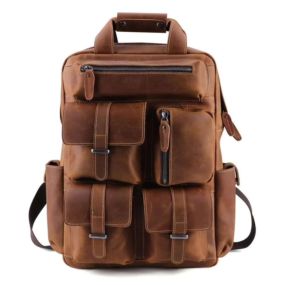 Classic Multi-Pocket Crazy Horse Leather Backpack for Travel and Office