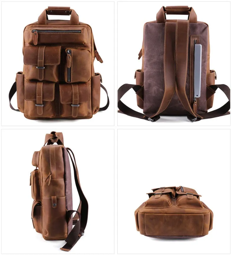 Classic Multi-Pocket Crazy Horse Leather Backpack for Travel and Office