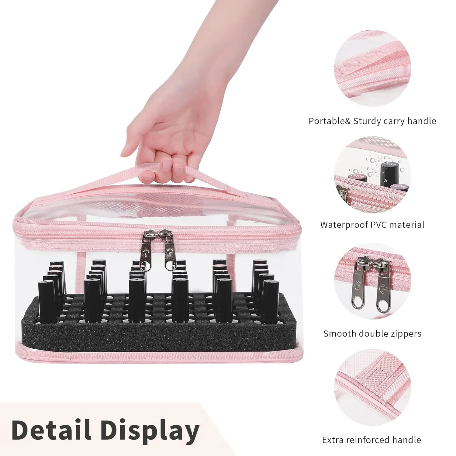 Clear Nail Polish Organizer Holds 30 Bottles PVC Nail Polish Case See-Through Nail Supplies with Manicure Tools Storage Sections, Portable Travel Nail Tech Carrying Bag for Storage Display