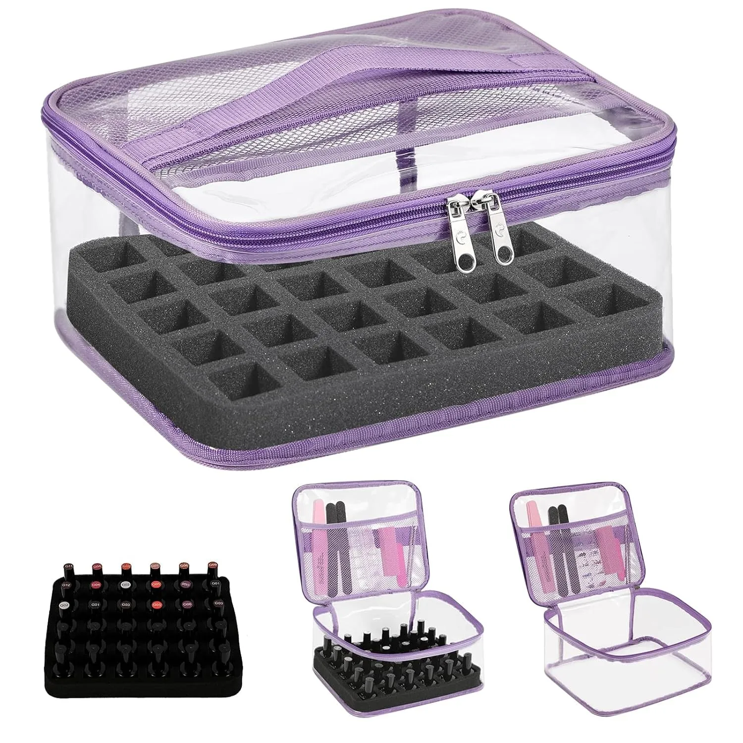 Clear Nail Polish Organizer Holds 30 Bottles PVC Nail Polish Case See-Through Nail Supplies with Manicure Tools Storage Sections, Portable Travel Nail Tech Carrying Bag for Storage Display