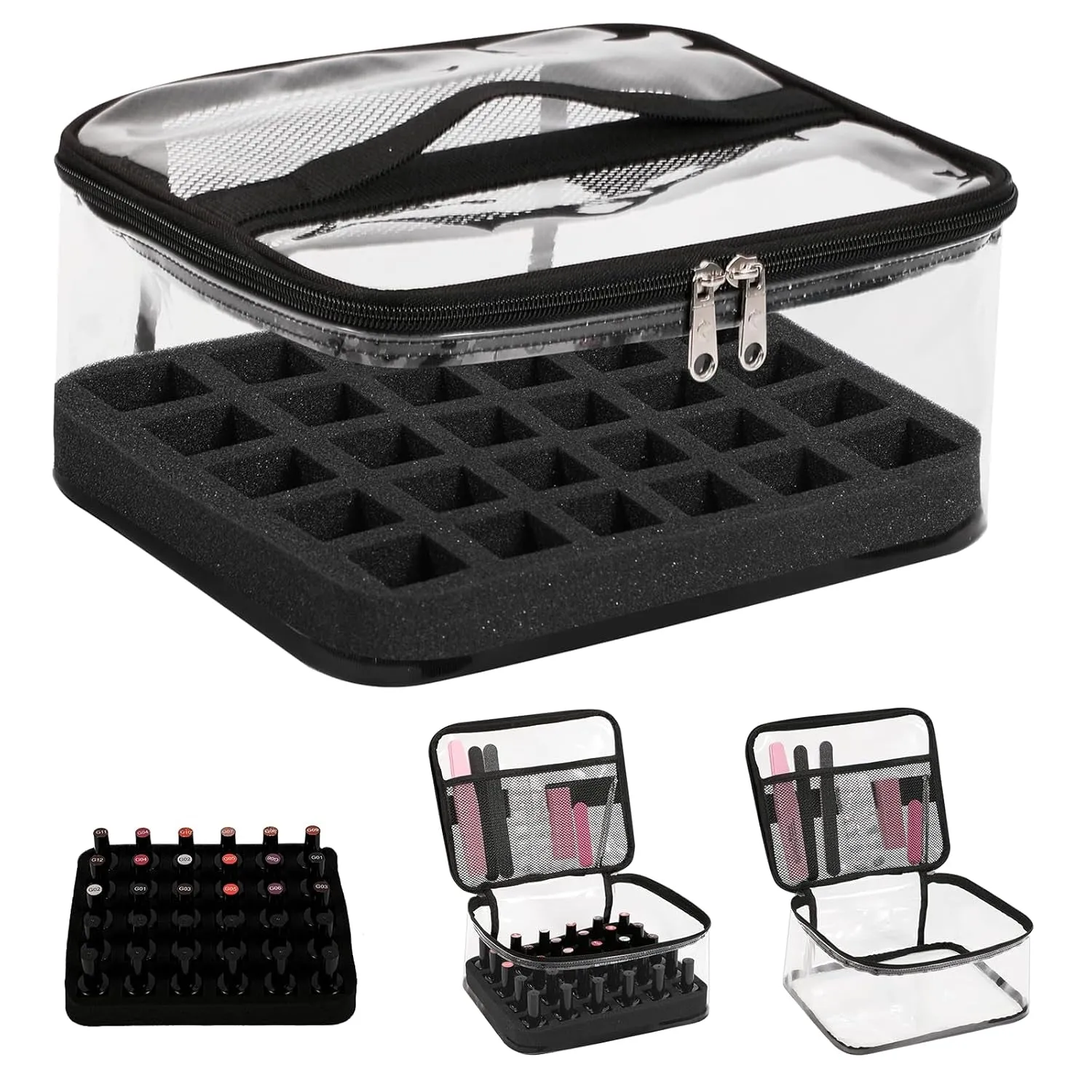 Clear Nail Polish Organizer Holds 30 Bottles PVC Nail Polish Case See-Through Nail Supplies with Manicure Tools Storage Sections, Portable Travel Nail Tech Carrying Bag for Storage Display