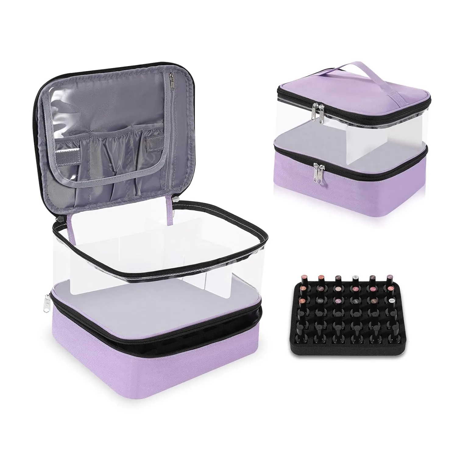 Clear Nail Polish Organizer Holds 30 Bottles PVC Nail Polish Case See-Through Nail Supplies with Manicure Tools Storage Sections, Portable Travel Nail Tech Carrying Bag for Storage Display