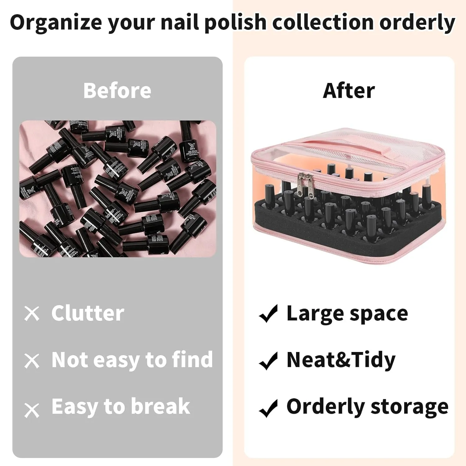 Clear Nail Polish Organizer Holds 30 Bottles PVC Nail Polish Case See-Through Nail Supplies with Manicure Tools Storage Sections, Portable Travel Nail Tech Carrying Bag for Storage Display