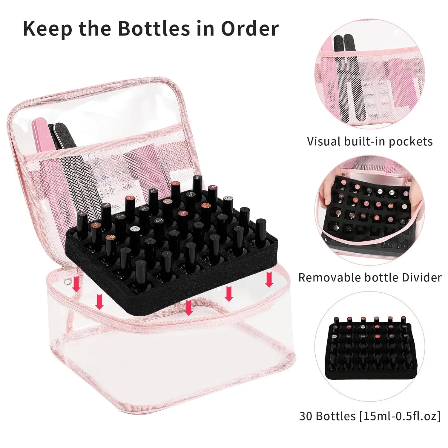 Clear Nail Polish Organizer Holds 30 Bottles PVC Nail Polish Case See-Through Nail Supplies with Manicure Tools Storage Sections, Portable Travel Nail Tech Carrying Bag for Storage Display