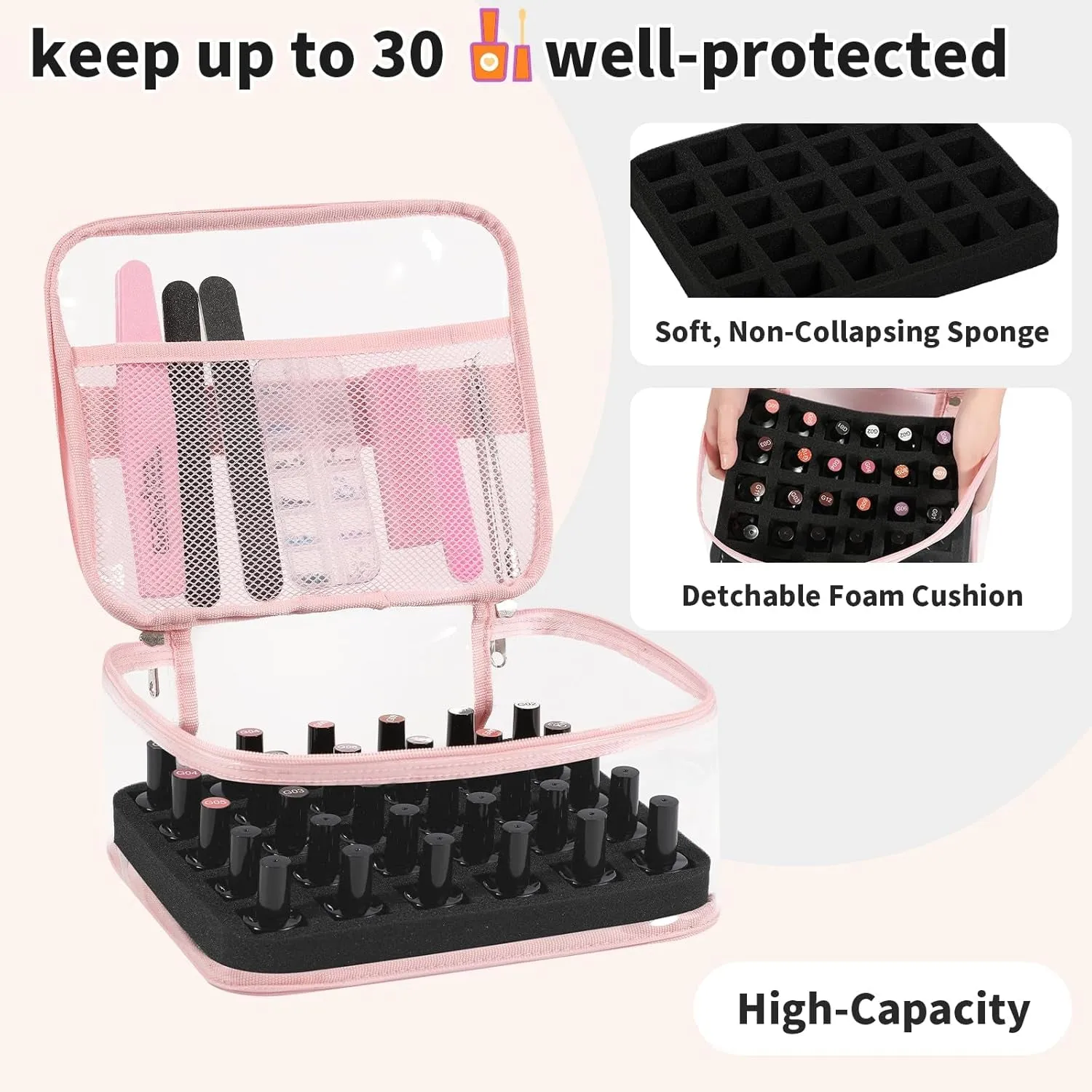 Clear Nail Polish Organizer Holds 30 Bottles PVC Nail Polish Case See-Through Nail Supplies with Manicure Tools Storage Sections, Portable Travel Nail Tech Carrying Bag for Storage Display
