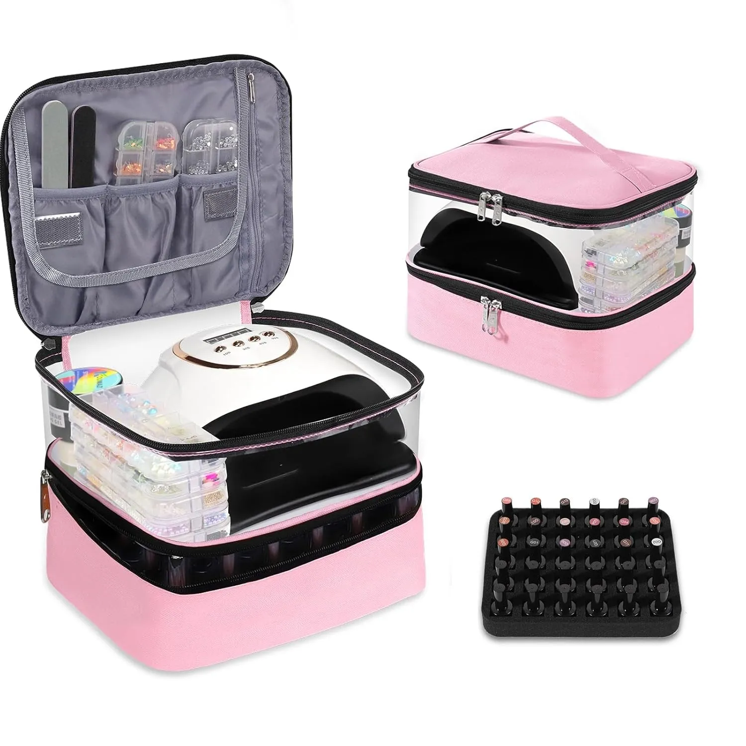 Clear Nail Polish Organizer Holds 30 Bottles PVC Nail Polish Case See-Through Nail Supplies with Manicure Tools Storage Sections, Portable Travel Nail Tech Carrying Bag for Storage Display