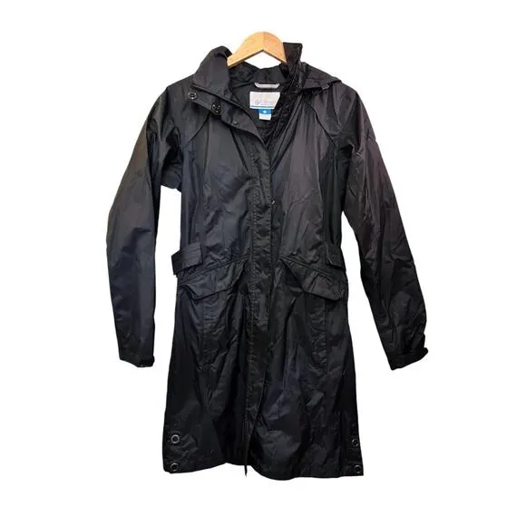 COLUMBIA Omni-Tech Trench Coat Jacket Black Waterproof Lightweight Small EUC