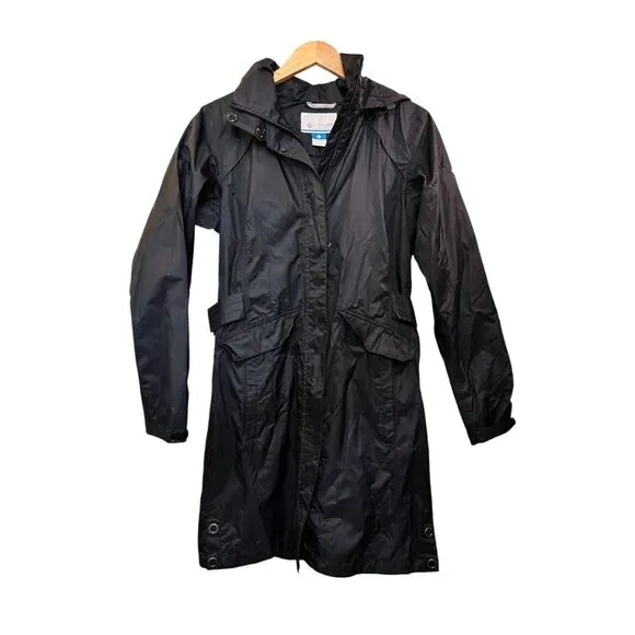 COLUMBIA Omni-Tech Trench Coat Jacket Black Waterproof Lightweight Small EUC