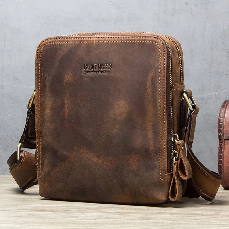 Crazy Horse Leather Messenger Bag Shoulder Bag Crossbody Bag - Coffee