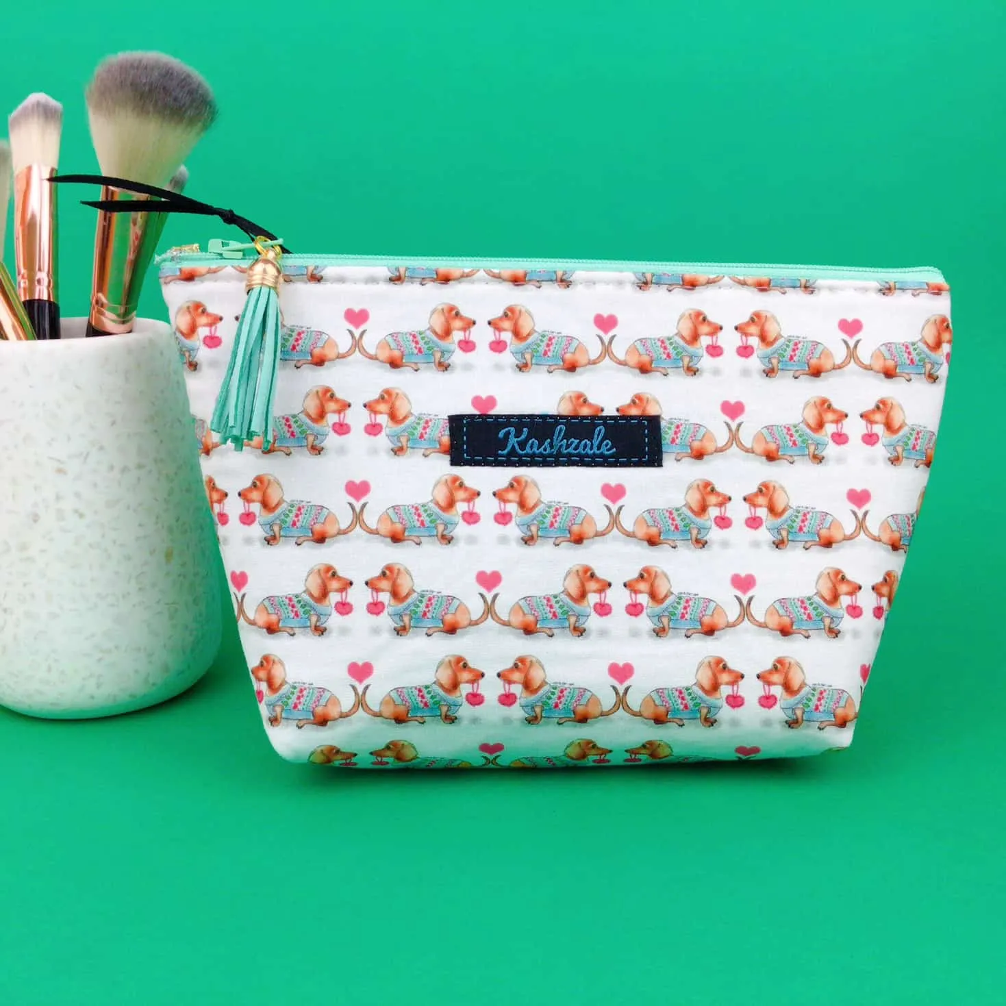 Dachshund Medium Cosmetic Bag. White