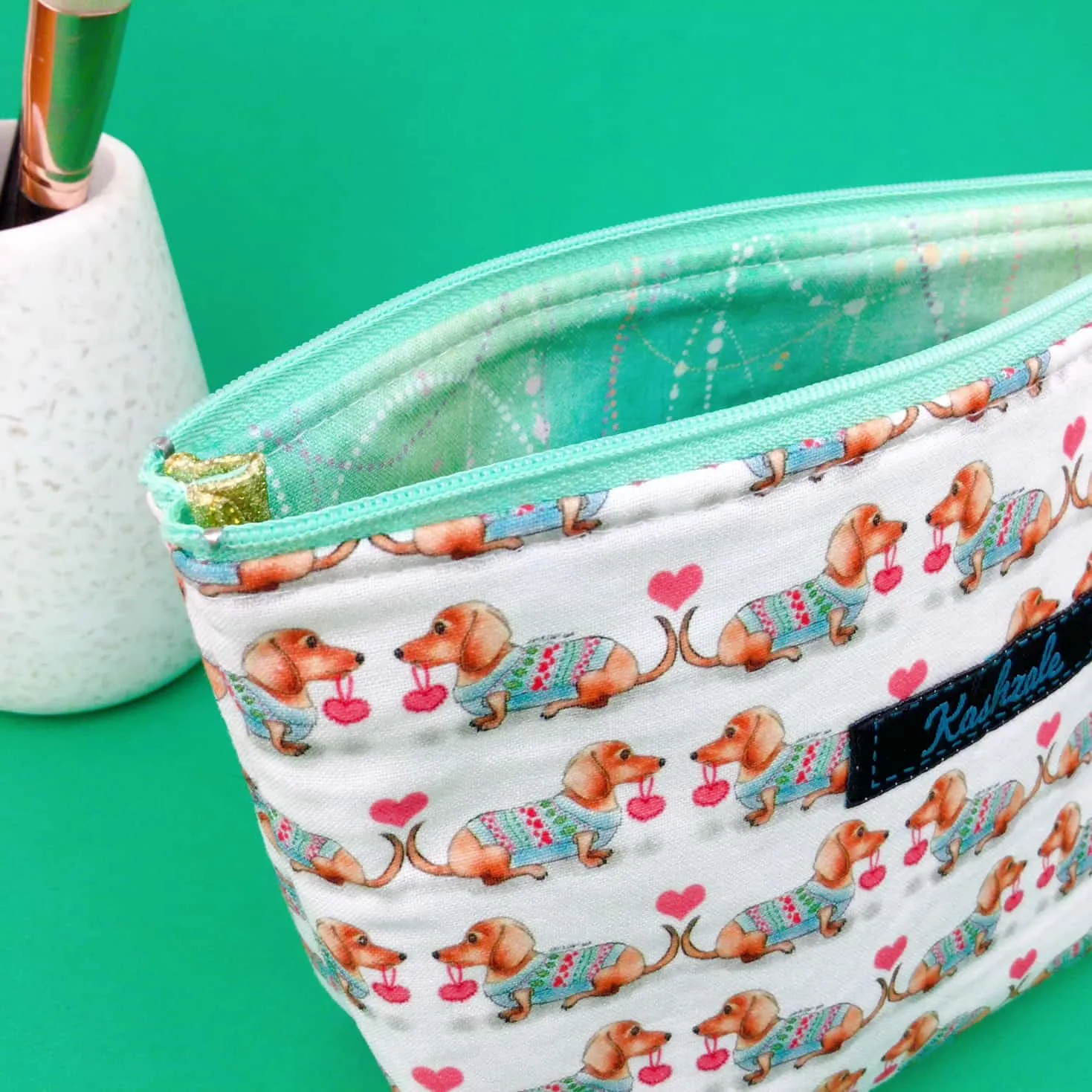 Dachshund Medium Cosmetic Bag. White