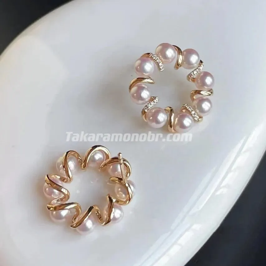 Diamond Cluster Akoya Round Pearl Earrings, 4.0-5.0 mm