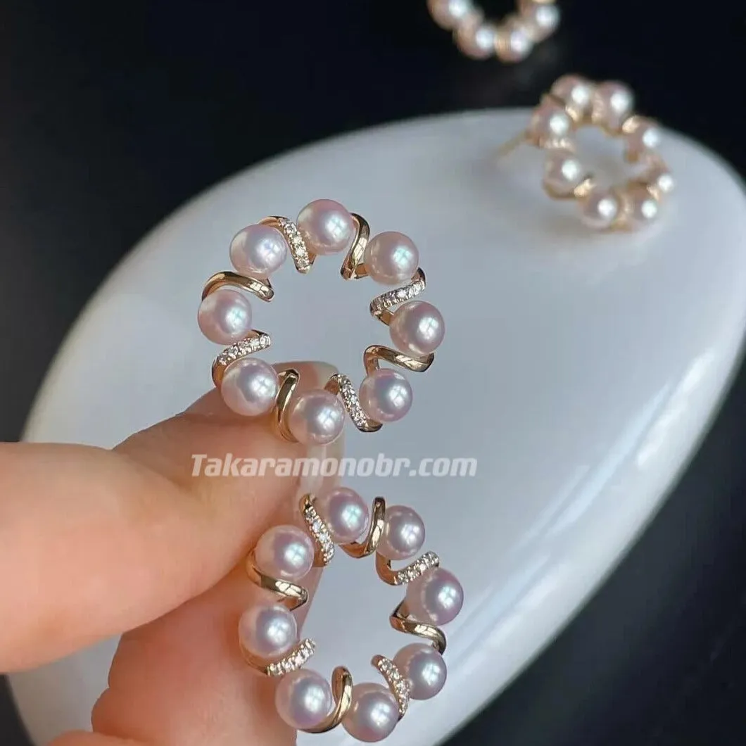 Diamond Cluster Akoya Round Pearl Earrings, 4.0-5.0 mm