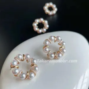 Diamond Cluster Akoya Round Pearl Earrings, 4.0-5.0 mm