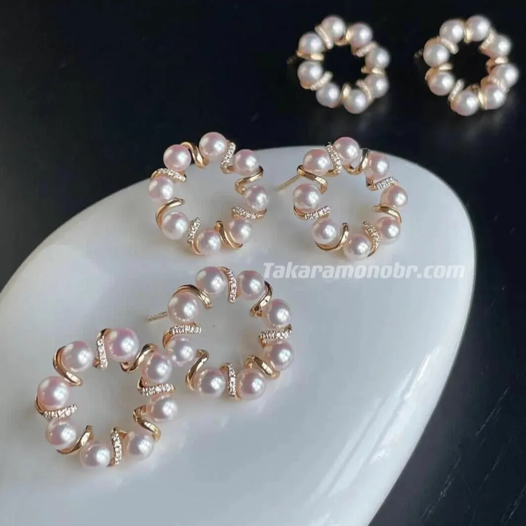 Diamond Cluster Akoya Round Pearl Earrings, 4.0-5.0 mm