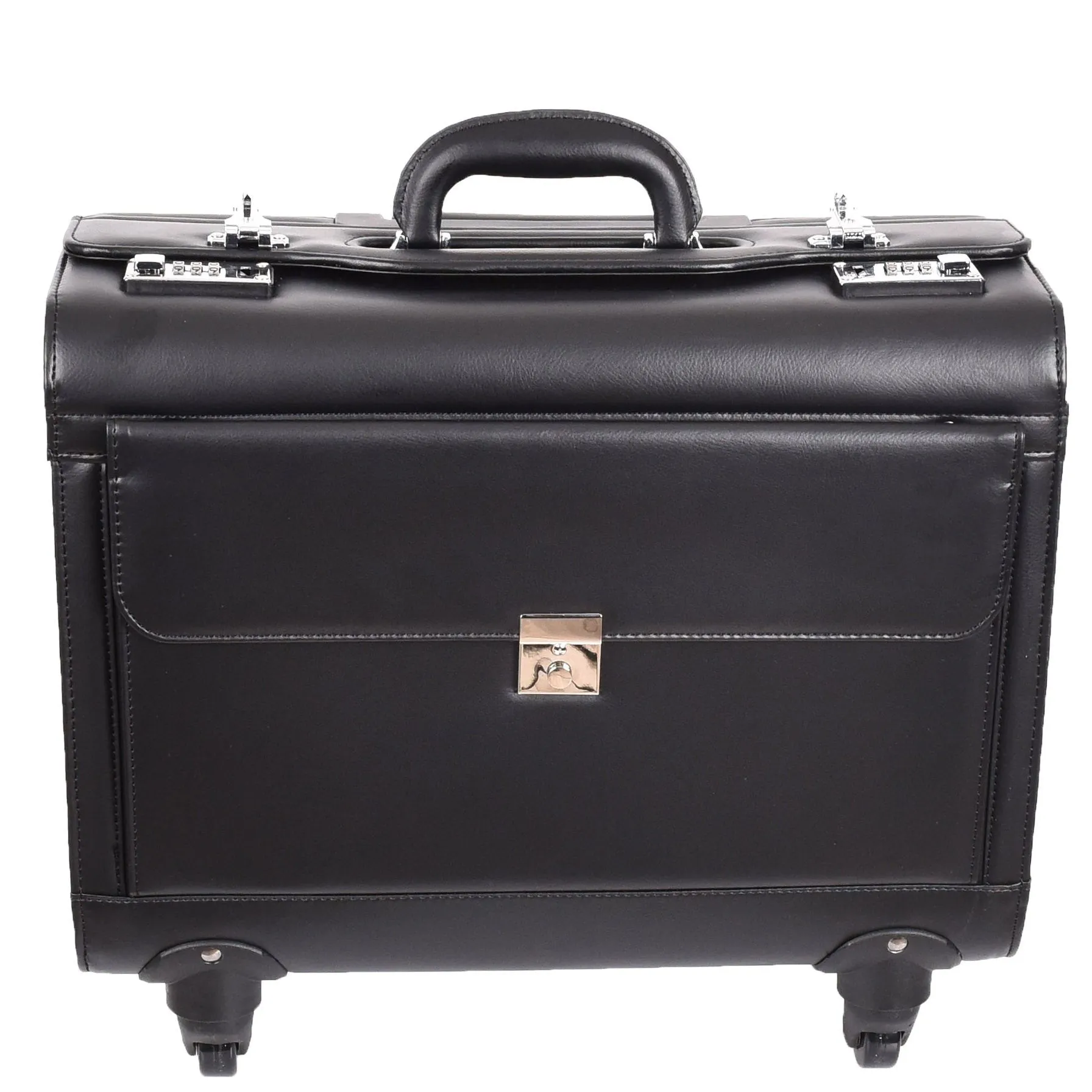 DR689 Leather Cabin Bag Four Wheel Carry on Pilot Case Black