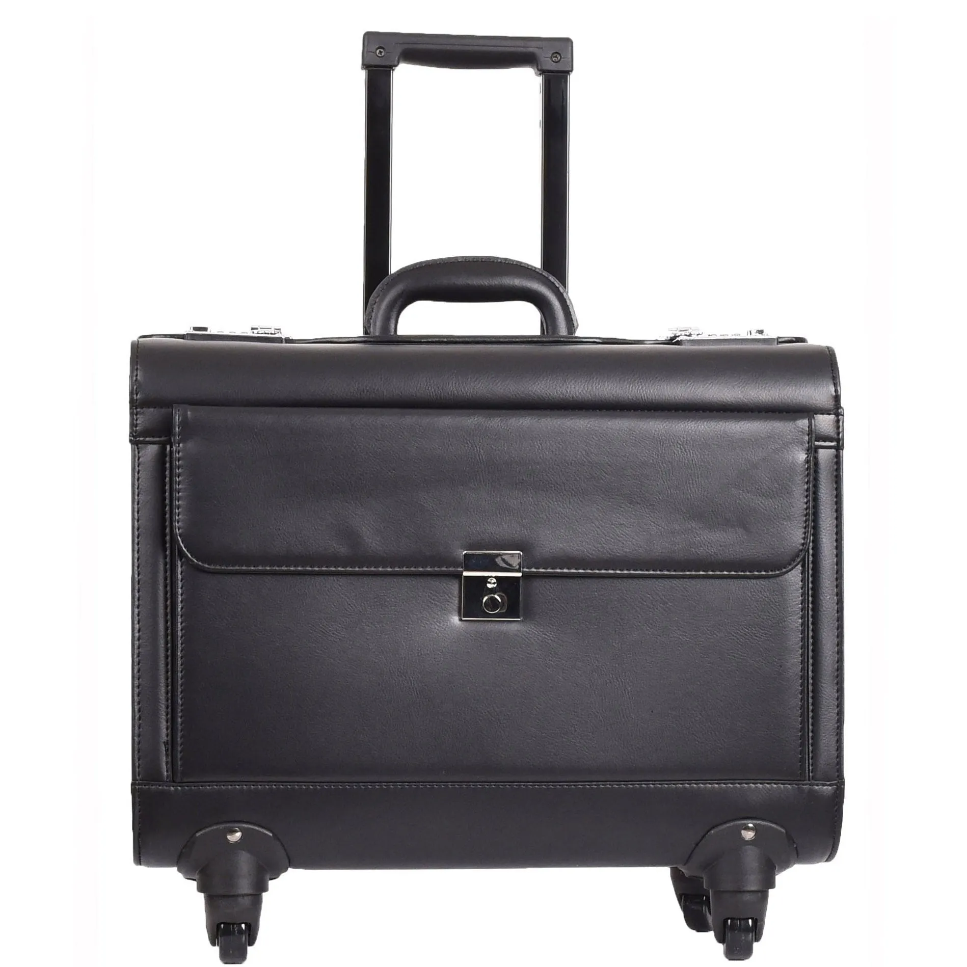 DR689 Leather Cabin Bag Four Wheel Carry on Pilot Case Black